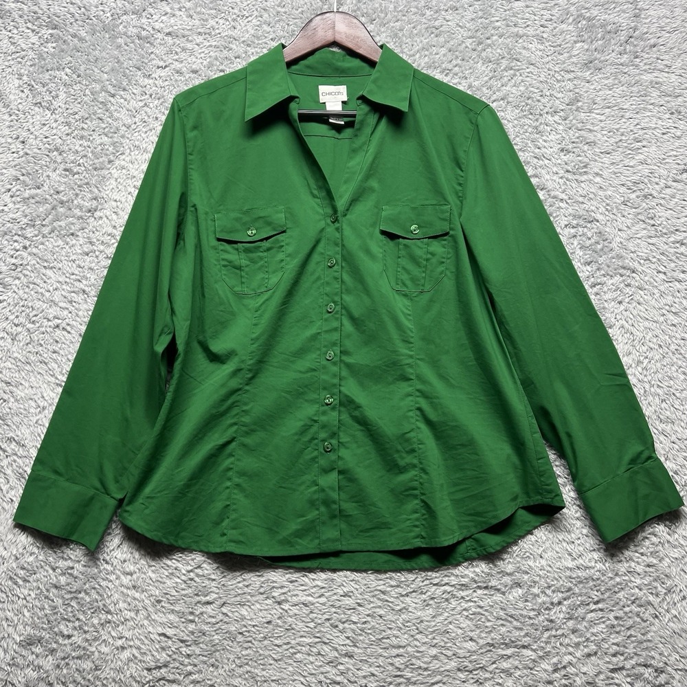 Chicos Top Womens 2 US Large Kelly Green Button Up Utility Safari Casual
